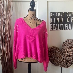 Shein Hot Pink Heart and Faux Pearl Embellished Women's V-Neck Sweater